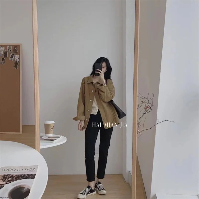 Wine red Denim Jacket Female 2022 Autumn Winter Small Korean Version Fashion Loose Simple Casual Jacket Trendy Ins Top Commute W