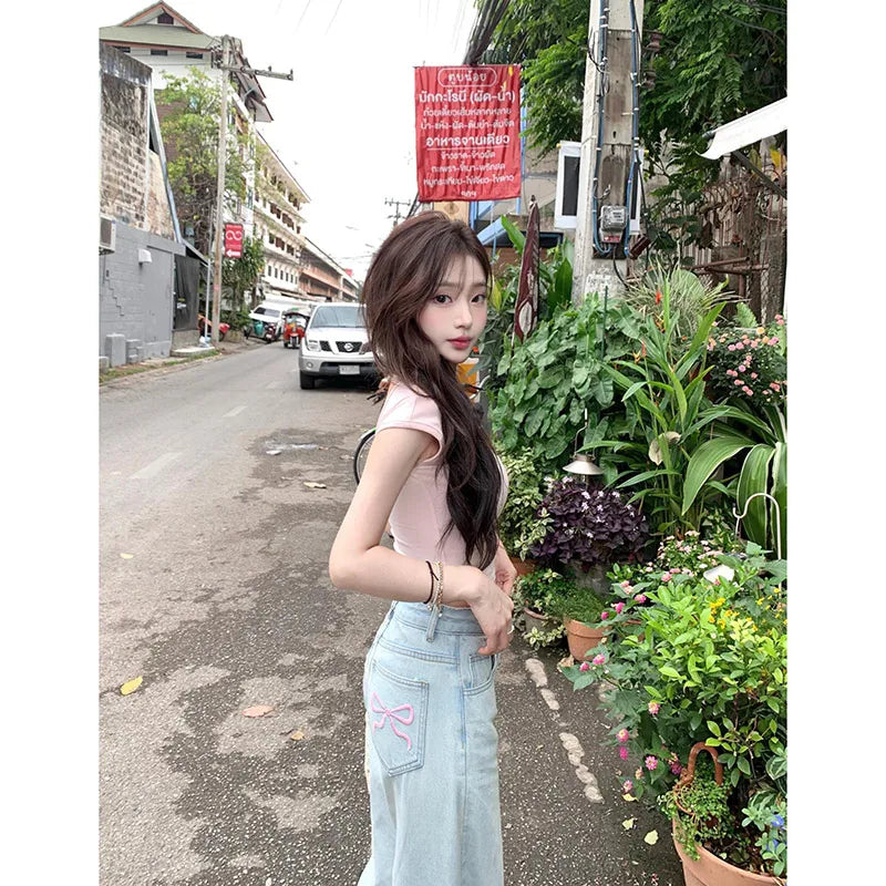 Blue Jeans for Women High Quality High Waist American Wide Leg Pants Bow Embroidery Jeans Y2K Vintage Straight Summer Trousers 2024