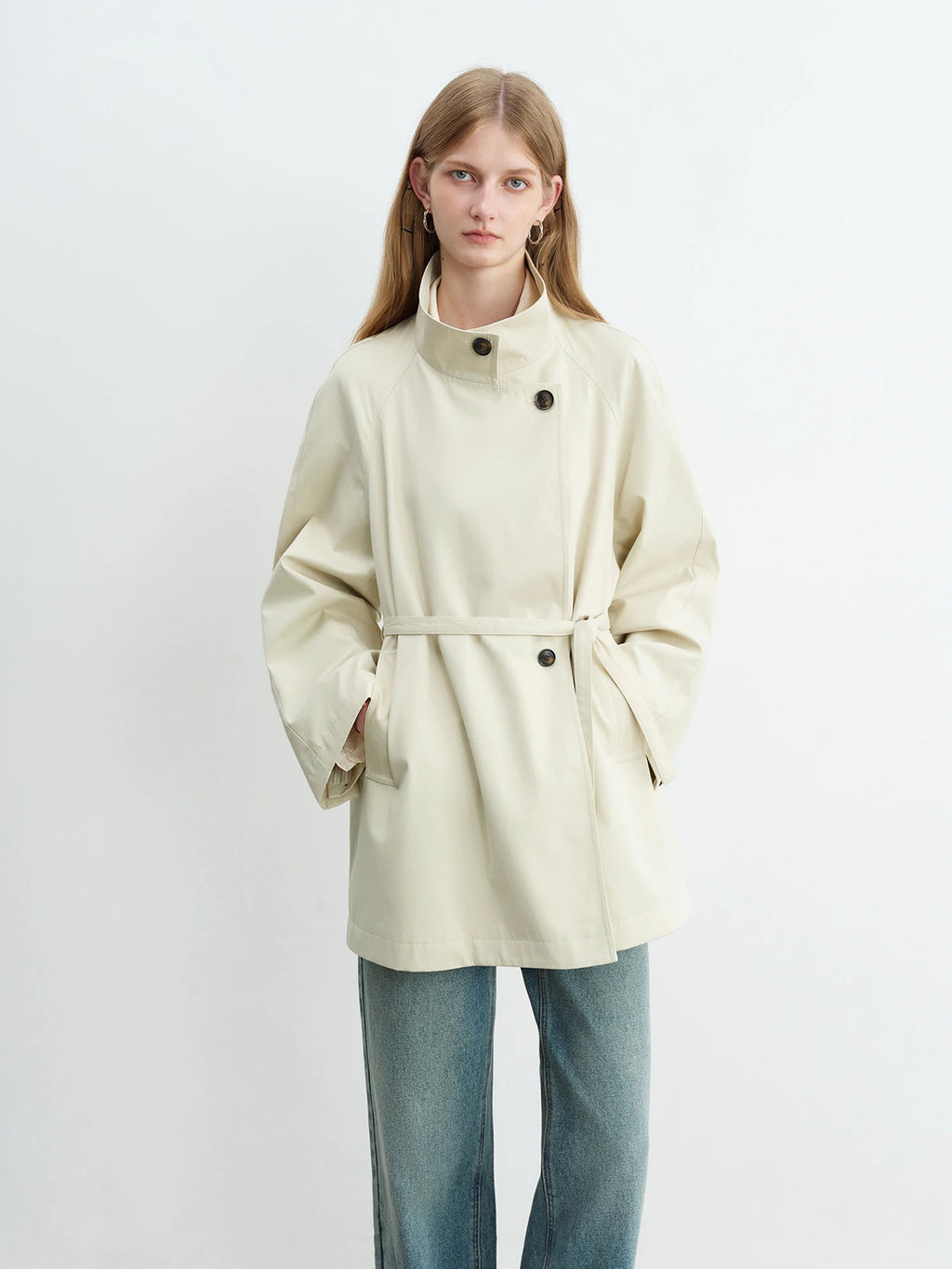 ZIQIAO Korean Style Stand Collar Short Trench Jacket for Women 2025 Autumn New Arrival Casual Chic Long Coat