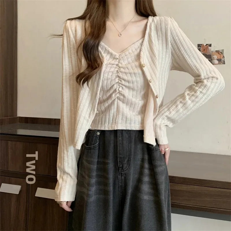 Kpop 2024 Autumn New Knit Fashion Long Sleeve Top Set Sweet Sensation Korean Style Cardigantank2-piece Set Elegant Chic