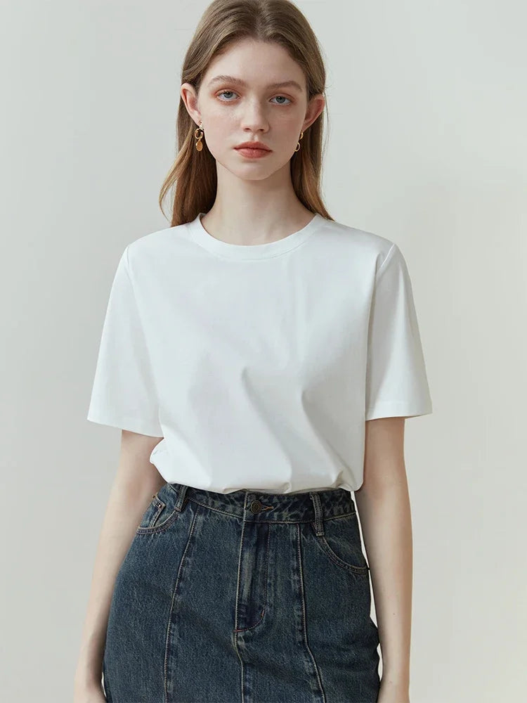 Cotton Short-Sleeved T-Shirt Round Neck Straight White Black Top For Women