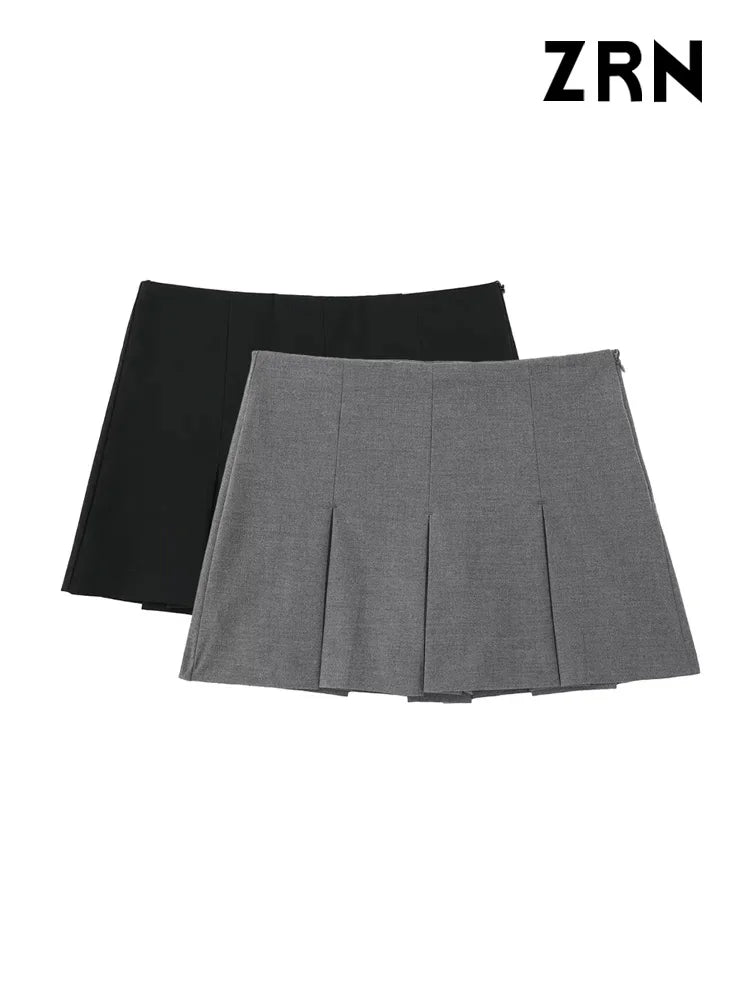 ZRN Women Fashion With Pleated Shorts Skirts Vintage High Waist Side Zipper Female Skort Mujer