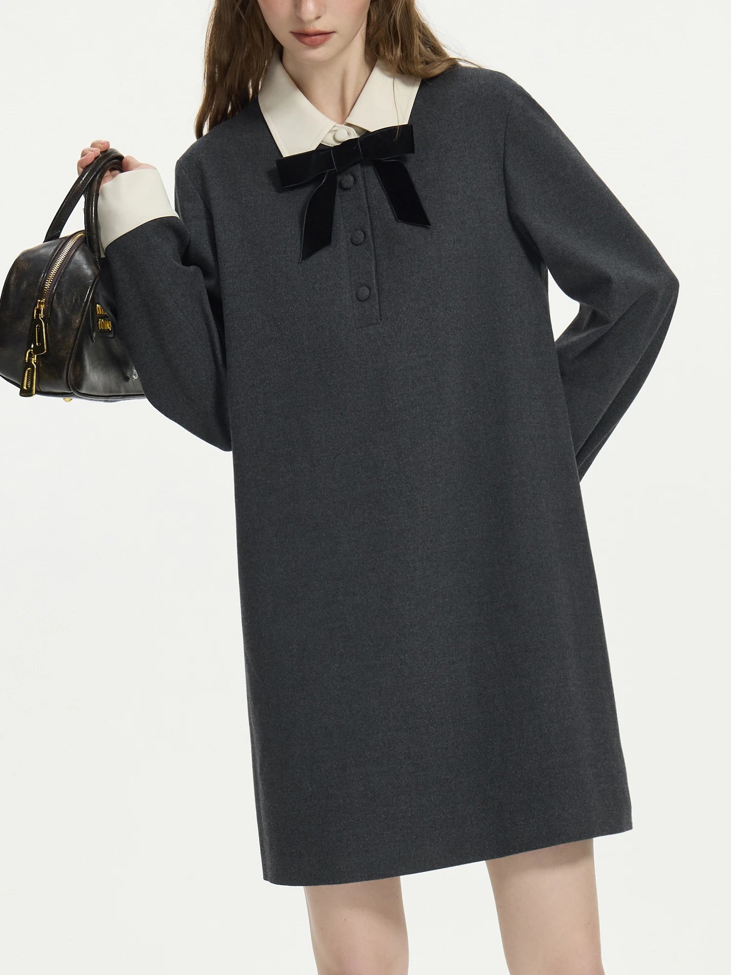 FSLE Women Winter Short Dress Polo Neck Patchwork Design Female Gentle Above-Knee Length Grey Thick Straight Dresses 24FS14567