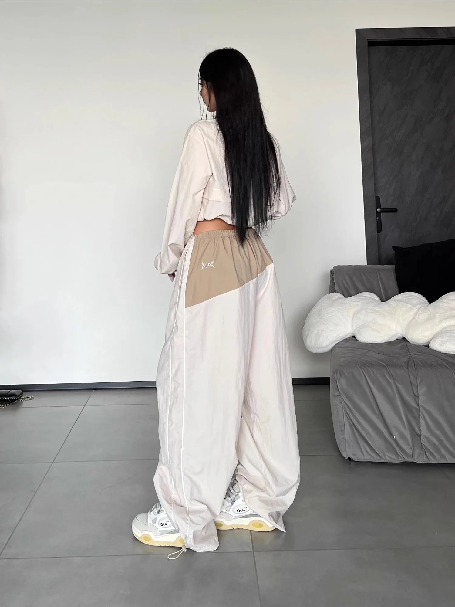 QWEEK Y2K Streetwear Khaki Pants Sets Women Gorpcore Vintage 90s Beige Tracksuit Oversized Kpop Fashion Harajuku Two Piece Set