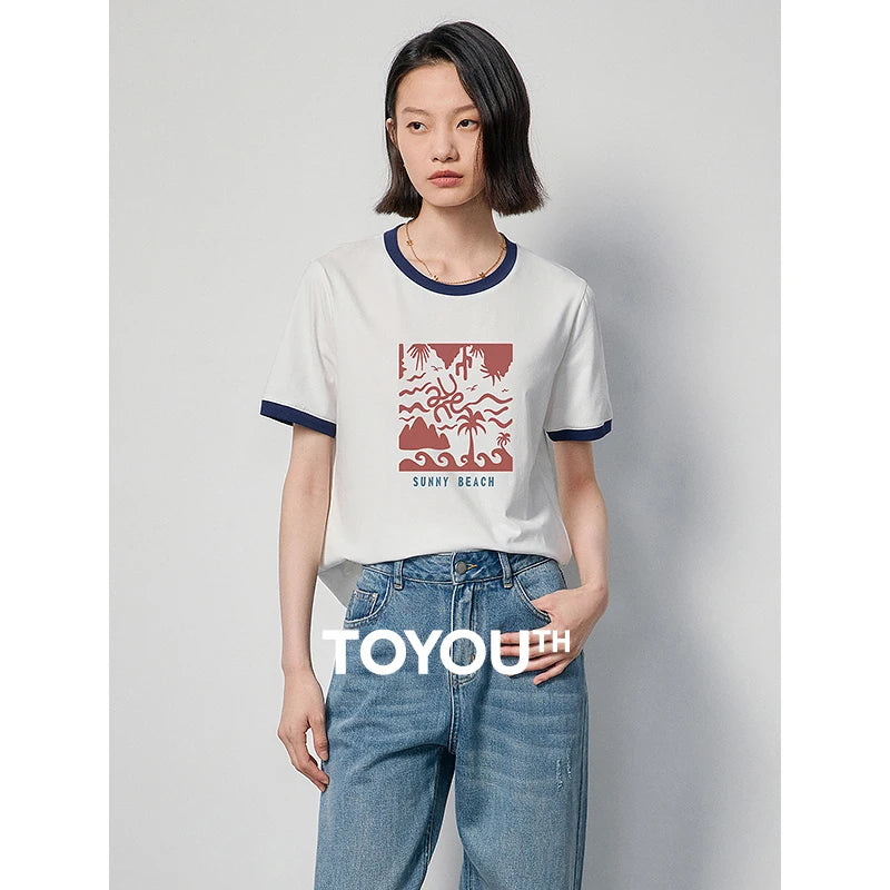 TOYOUTH Women T-shirt 2024 Summer New Antibacterial Cotton Surf Printed Contrast  Color Short Sleeve Casual Tops