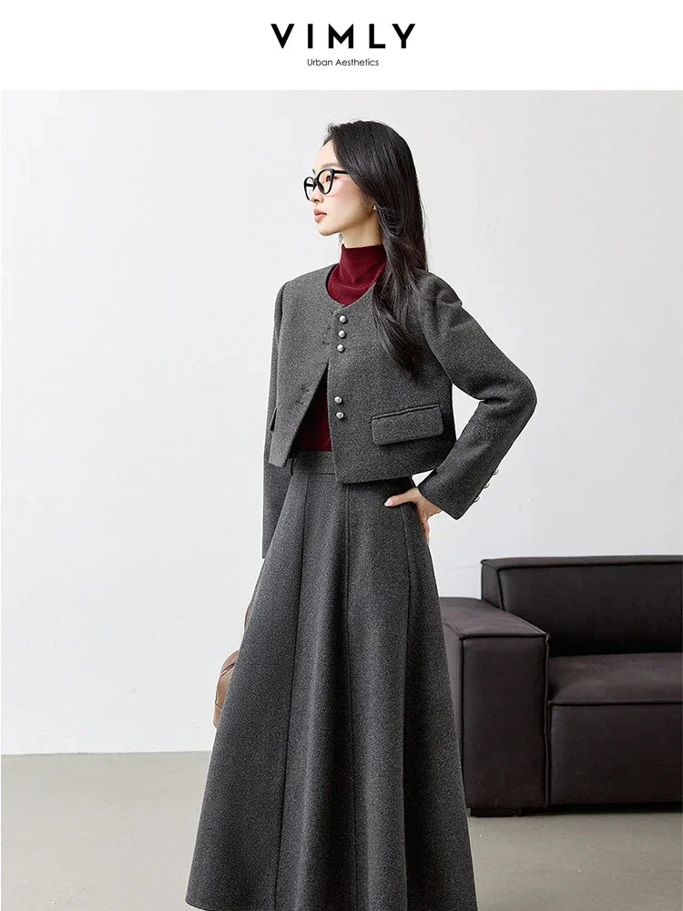 VIMLY Women's Simple Blazer and Skirt Set Fall Winter Elegant Little Fragrant Style Jacket Elastic Waist Skirt Commuter 2pcs Set