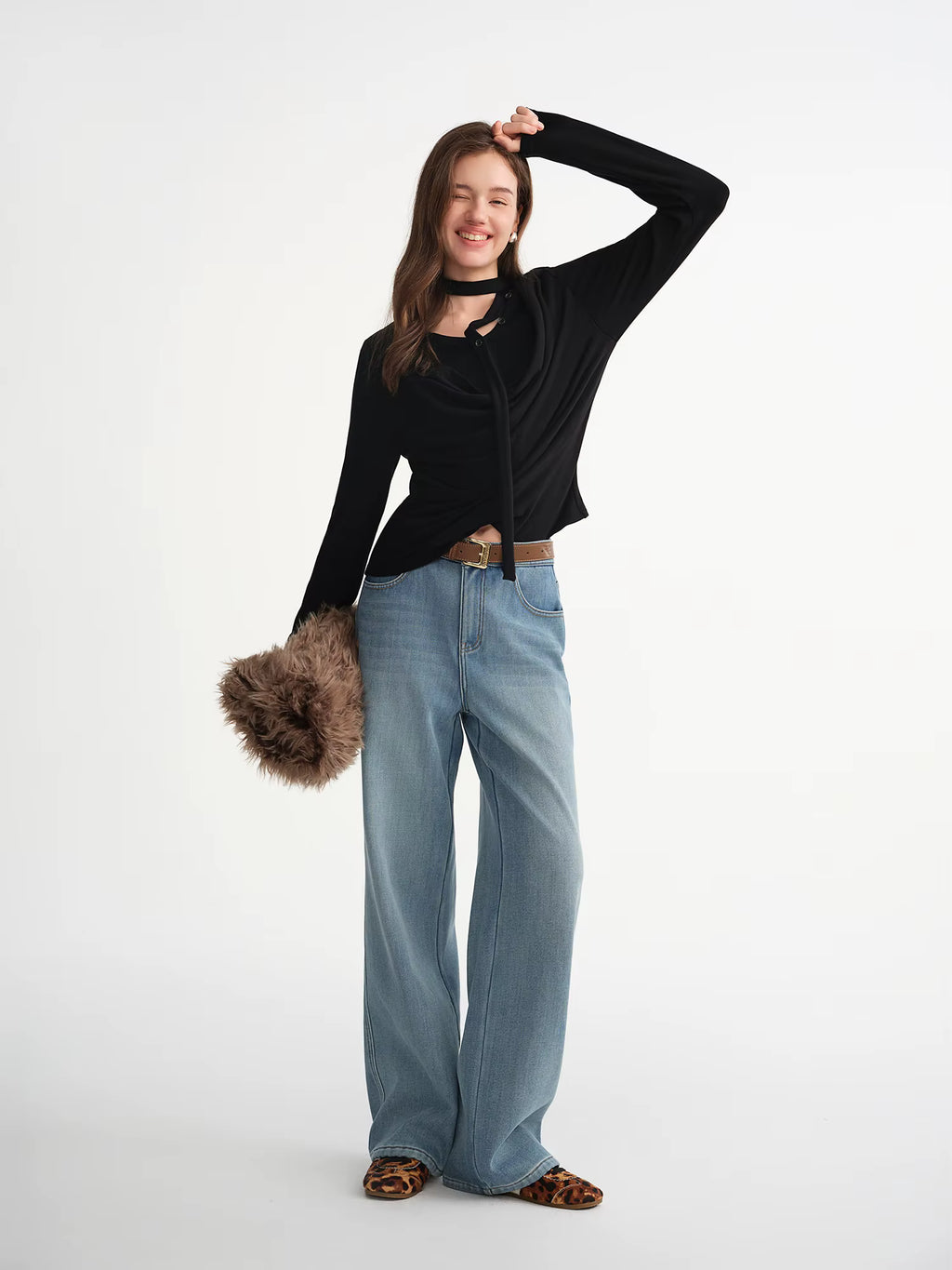 Plus-Size Women Layered Art Long-Sleeve T-Shirt with Floating Ribbon neckline Mock Two-Piece Slimming Top for Curvy Women