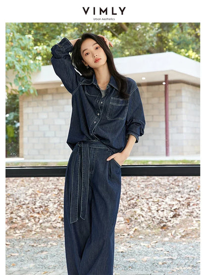 VIMLY Women's Office Lady Denim Pants Set Autumn Lapel Jacket Coat+ Casual Wide Leg Pants WithBelt Simple Loose StreetwearSuits