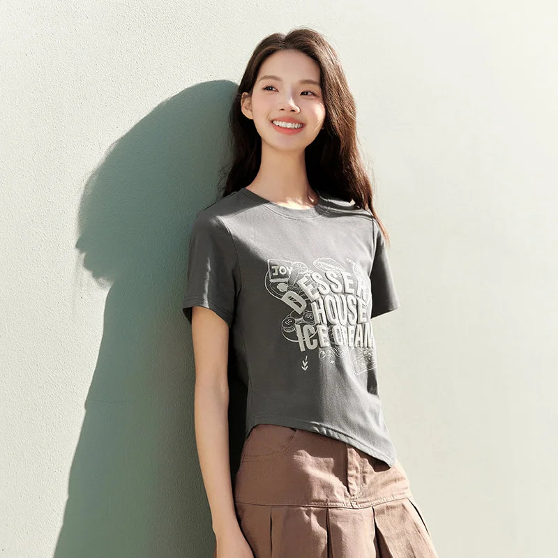 Semir Short-Sleeved T-Shirt Women Short Length Printed Petite Figures 2024 Summer New Slim Fit Asymmetrical Pullover Top