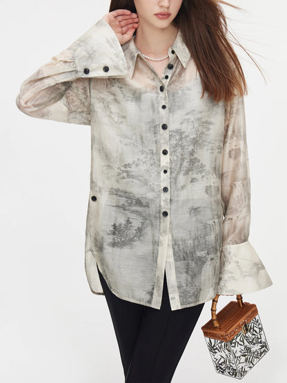 FSLE Office Lady New Chinese Ink Printed Shirt for Women's Autumn New Flared Sleeve Women Casual Loose Shirt 24FS13187