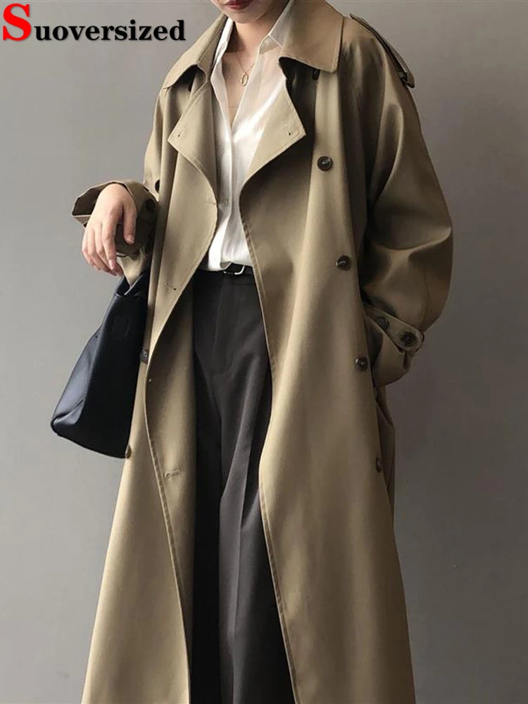 Classic Grey Long Belt Trench Coats Women Korean Double Breasted Gabardina Jackets Streetwear Windbreaker Abrigos Spring Casacos