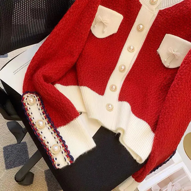 Popular and Beautiful Bow Tie Sweater Women's Autumn Outfit Design Sense Niche Knitted Cardigan Gentle and Stylish Red Jacket