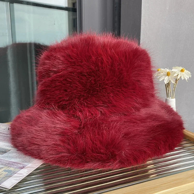 2024 Fluffy Faux Fur Bucket Hats Women Rabbit Fur Warm Thick Plush Winter Hat Lady Fashion Luxury Panama Furry Fisherman Cap Y2k