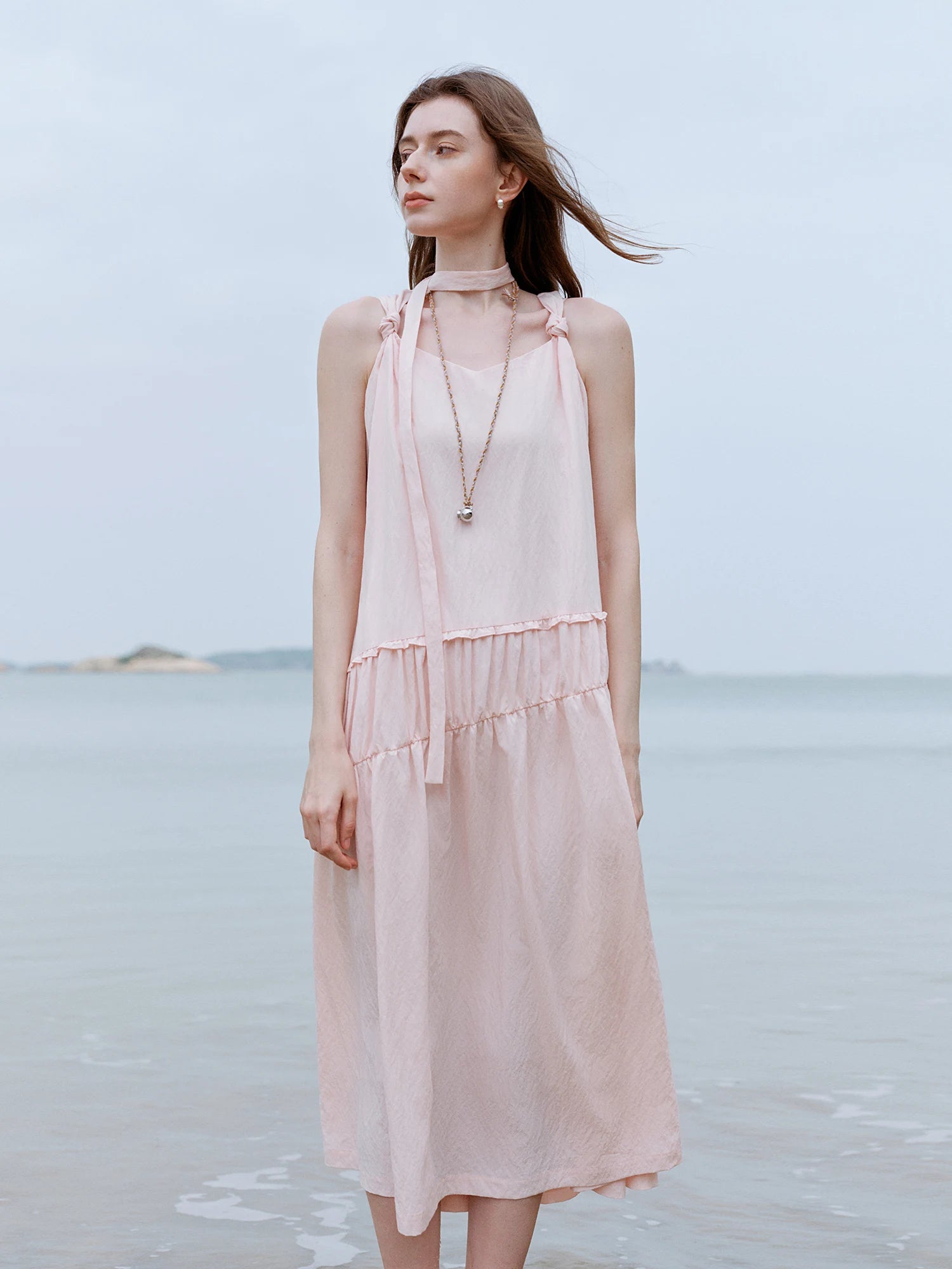 FSLE 【Premium Series】 Twisted Straps Flowing Dress - 2025 Summer New Collection Pink Sweet Dresses