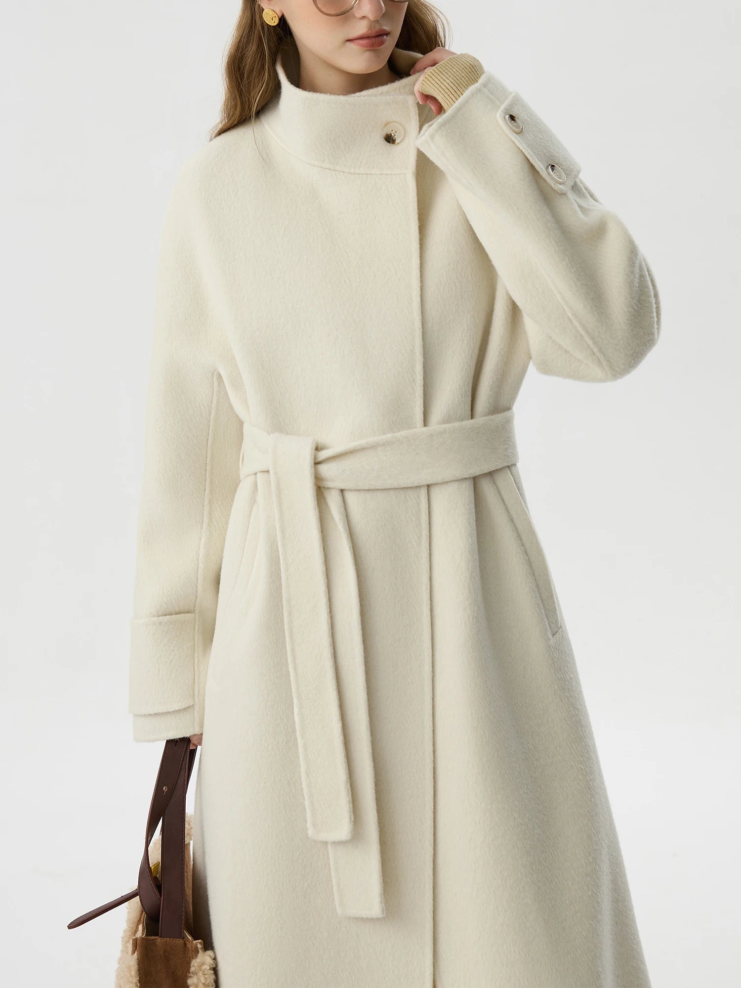 FSLE 88.9% Wool High Collar Alpaca Wool Elegant White Versatile Coat 2024 Winter New Double-sided Tweed Long Jacket 24FS14437