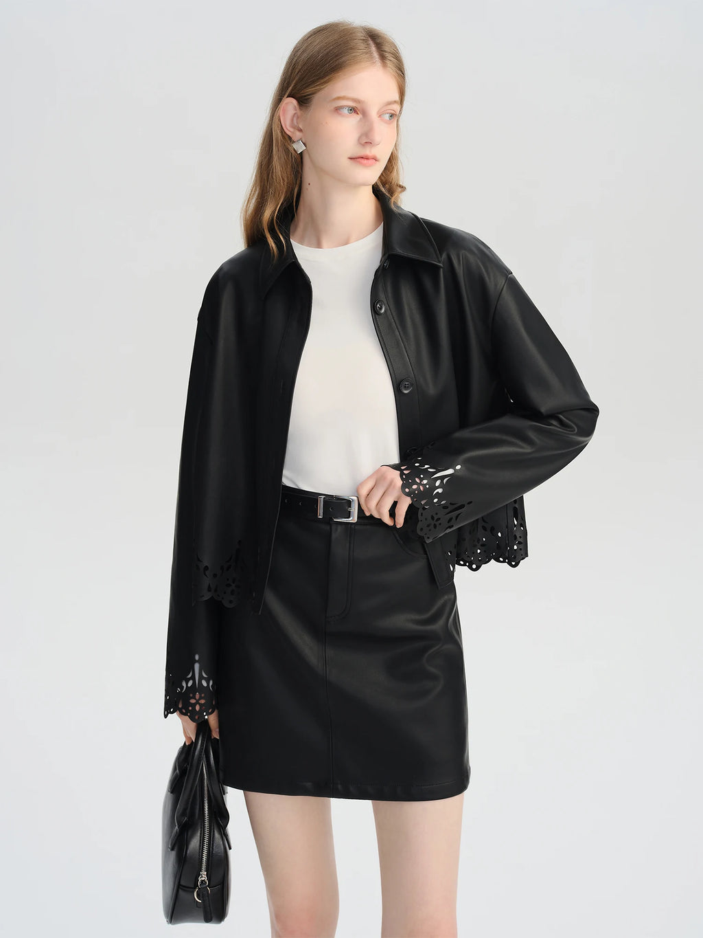 ZIQIAO Autumn 2025 Textured Vegan Coordinated Set - Cropped Hemline Mini Skirt & Jacket Architectural Cut Ladies Two Piece