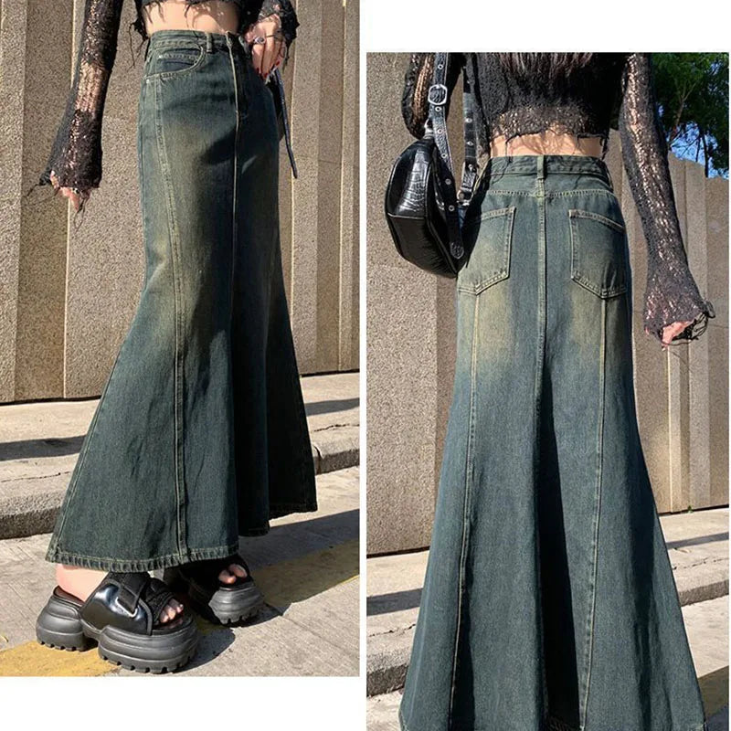 Biyaby Mermaid Denim Skirts Autumn Winter Woman Sexy Bandage Floor-Length Skirt Women Vintage Fashion High Waist Skirts Ladies