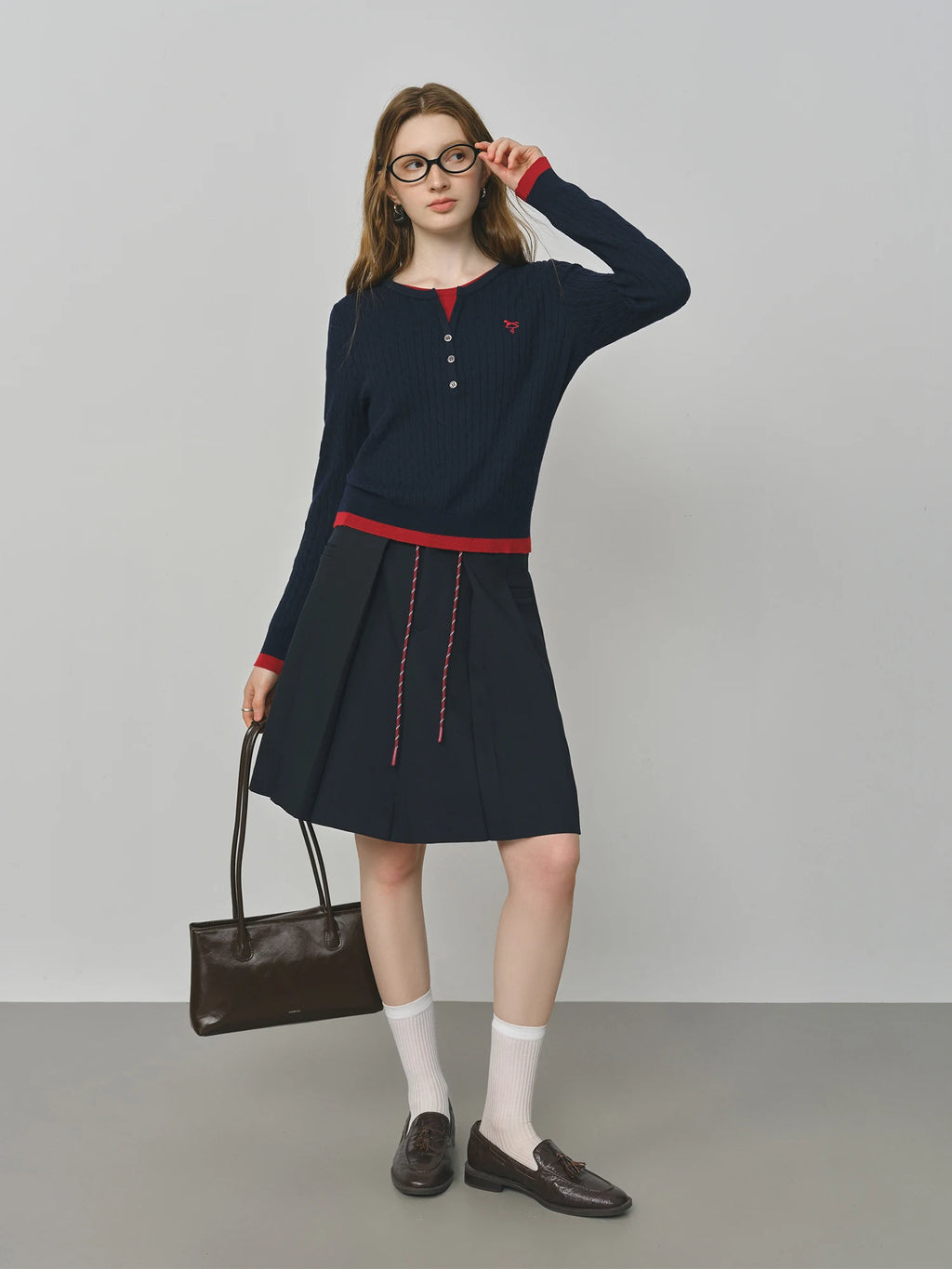 FSLE Double Waist Fake Two-piece Plaid Splicing Drawstring Skirt 2025 Autumn New Style Skirt