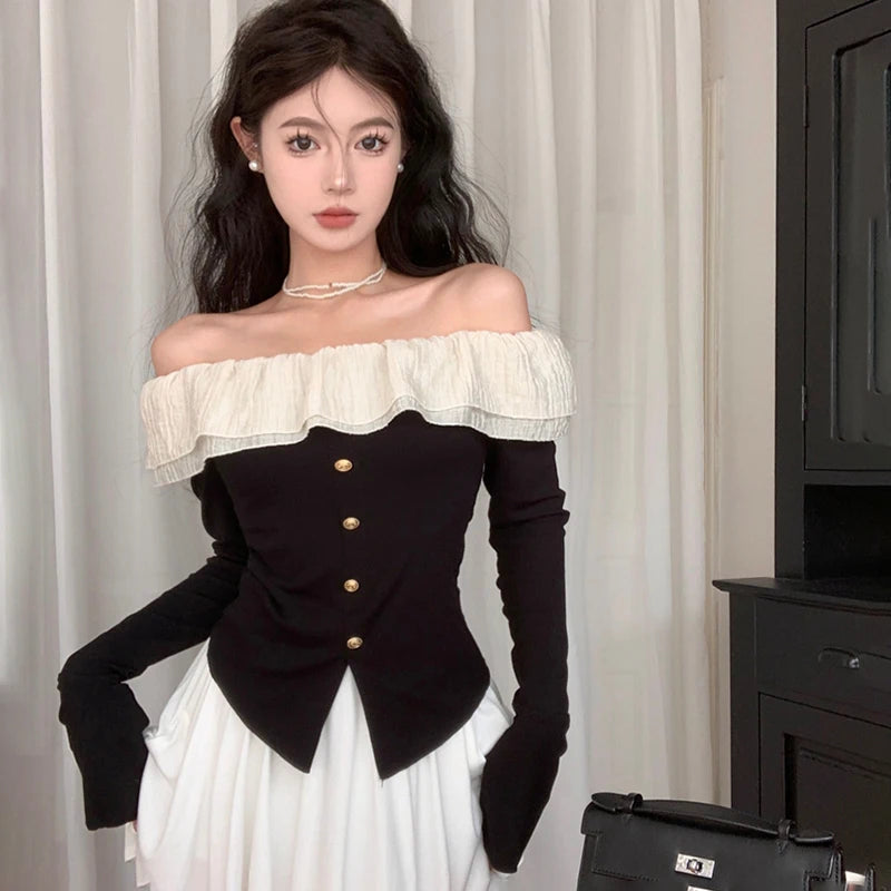 black sweet women t shirts korean off shoulder tulle patchwork flare sleeve female Tees autumn slim new slit ladies crop tops