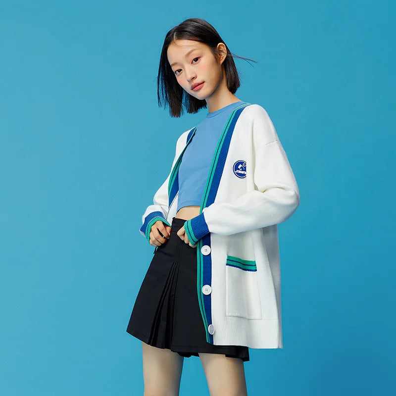 Semir Mali Knit Cardigan Women Mid-Length Loose Lazy Outerwear Spring Contrast Color V-Neck Top