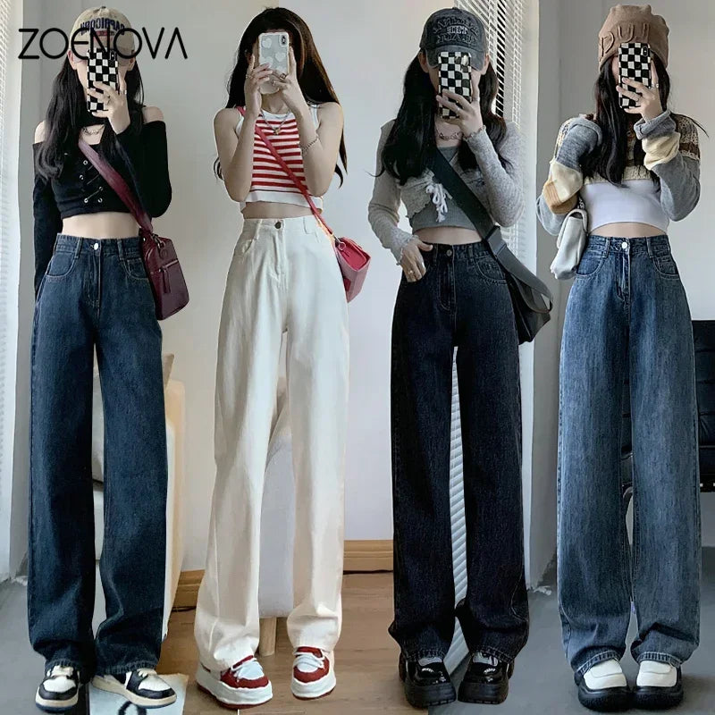 High Waisted Jeans Y2K Fashion Women Clothing Blue Black Straight Leg Denim Pants