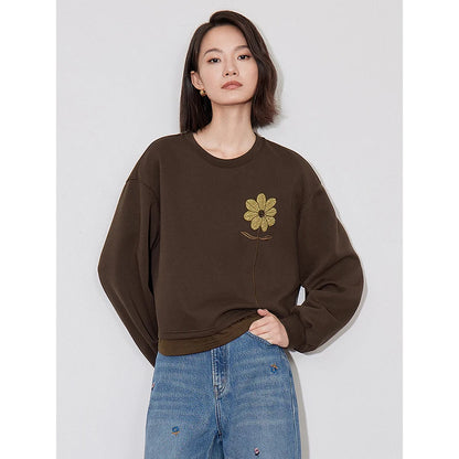 TOYOUTH Women Hoodies Sweatshirt 2024 Autumn Winter New Plush Flower Embroidery Round Neck Off Shoulder Long Sleeve Pullover Top