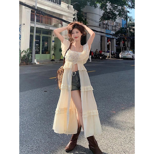 MEXZT Y2K Slash Neck Midi Dress Women Streetwear Ruffles Long Robe Korean Vacation Bandage One Pieces Dresses Summer Vestidos