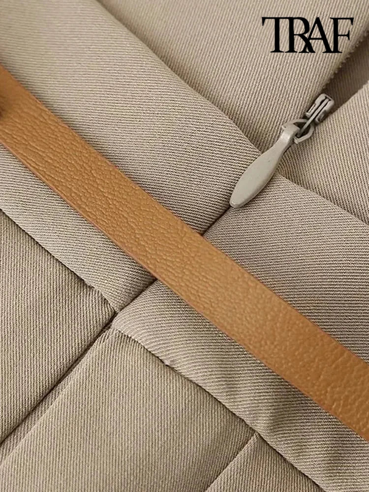 TRAF-Pleated Shorts Skirts for Women With Belt, Side Zipper, Mid Waist, Female Skort, Chic Fashion