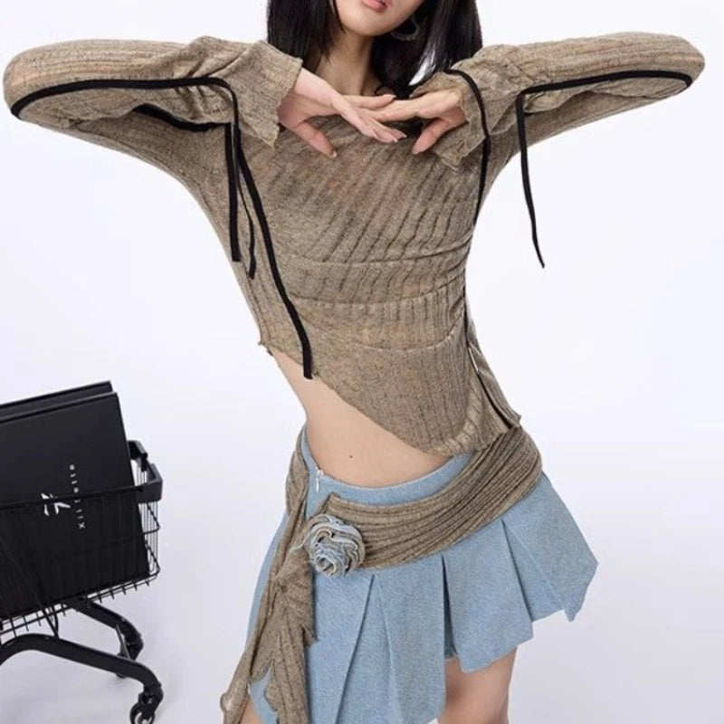 Deeptown 2000s Aesthetic Vintage T-shirts Women Sexy Y2k Punk Gyaru Long Sleeve Crop Streetwear Asymmetrical Top Slash Neck Tee