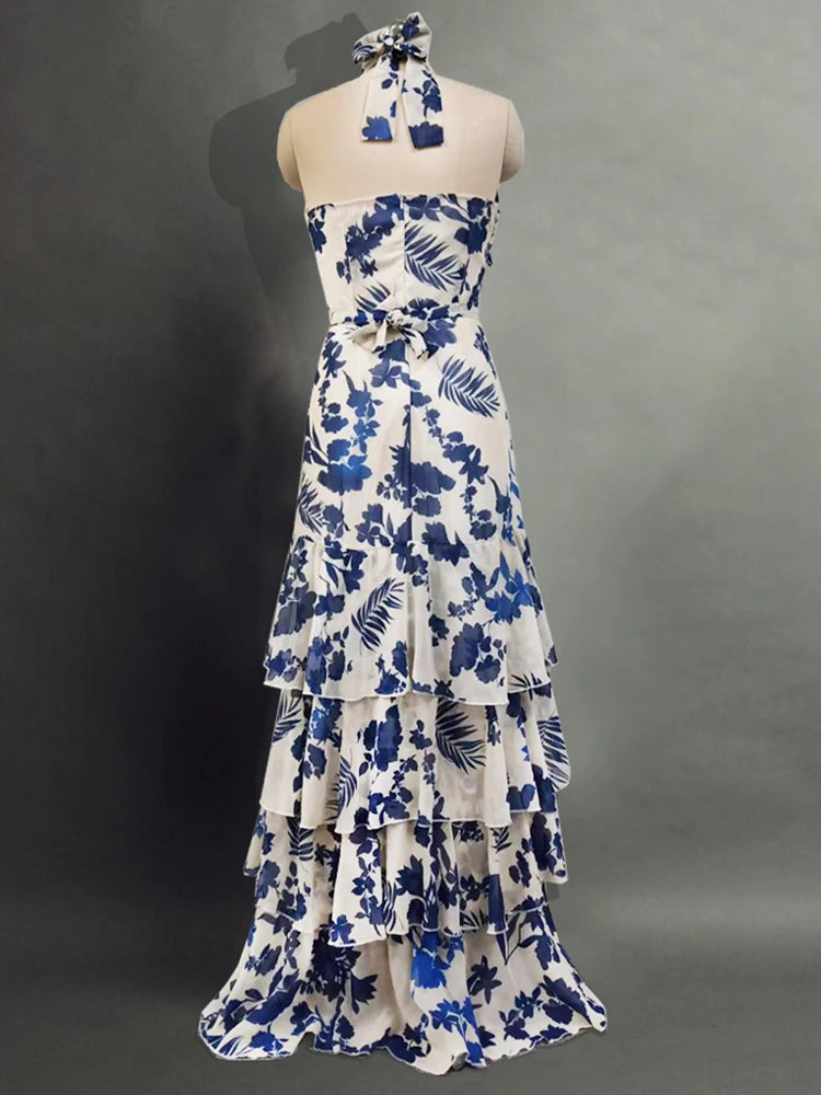 VGH Print Tierred Long Dresses For Women Halter Sleeveless High Waist Off Shoulder Hollow Out Long Casual Dress Female Fashion