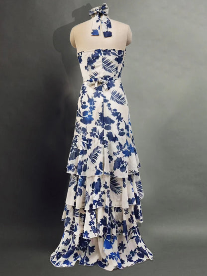 VGH Print Tierred Long Dresses For Women Halter Sleeveless High Waist Off Shoulder Hollow Out Long Casual Dress Female Fashion