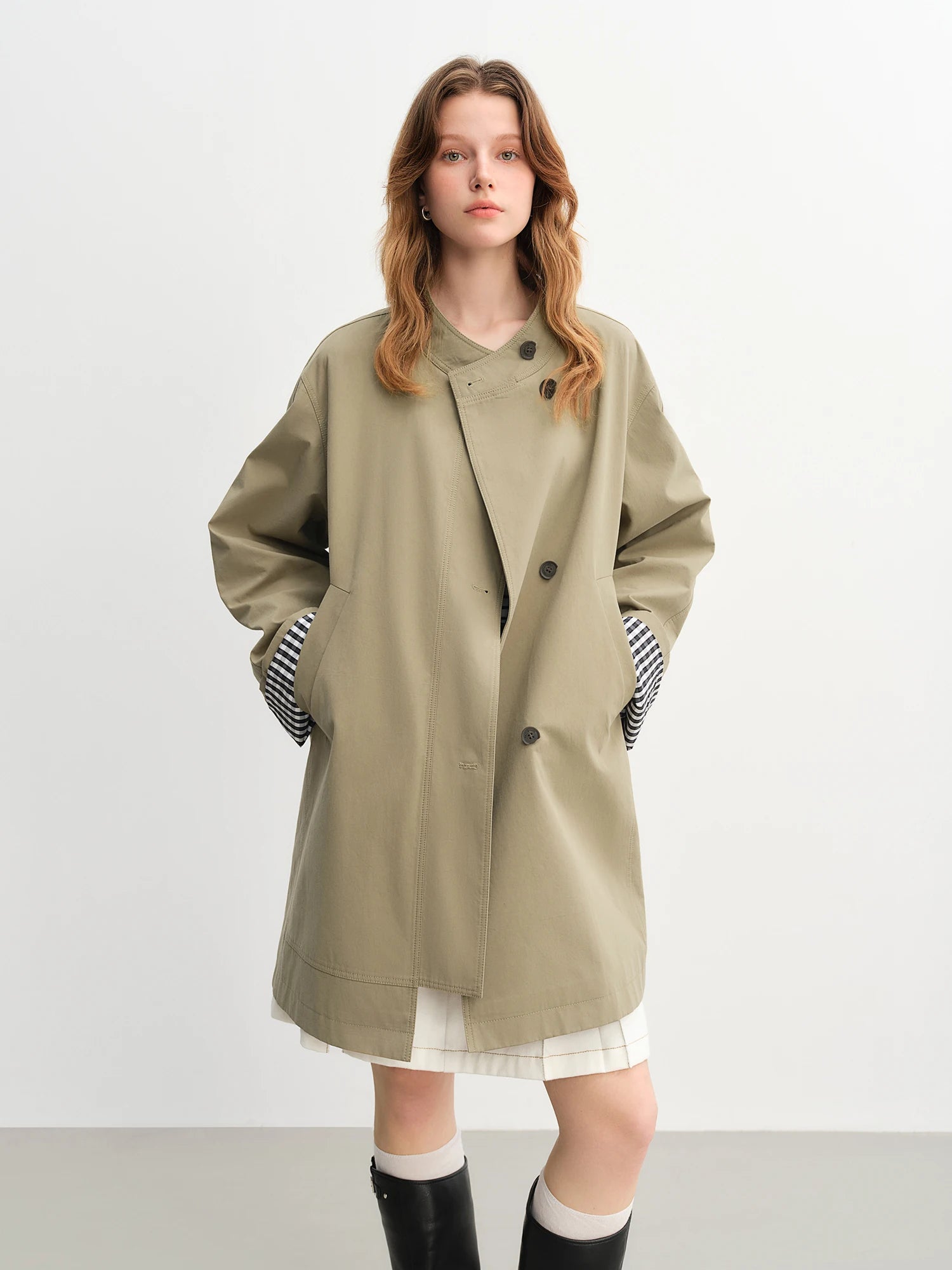 DUSHU Autumn 2025 Women's Stand Collar Trench Coat - Relaxed Fit Plaid Patchwork Loose Outerwear Casual Windbreaker Top