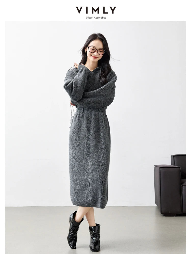 VIMLY Women's Office Lady Dresses Autumn Winter Hooded knit Sweaters Dress Long Sleeved Casual Loose Elegant Casual Vestidos