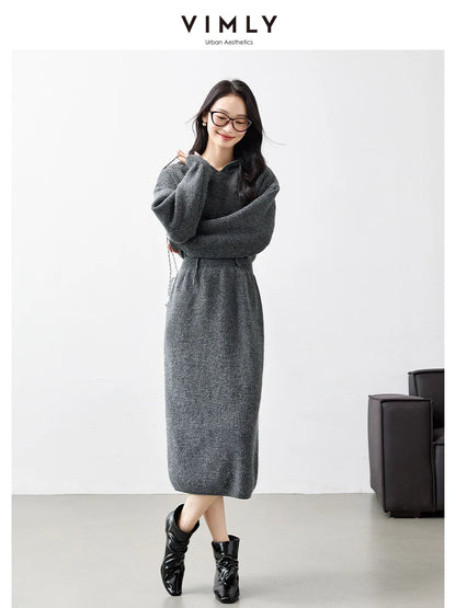 VIMLY Women's Office Lady Dresses Autumn Winter Hooded knit Sweaters Dress Long Sleeved Casual Loose Elegant Casual Vestidos