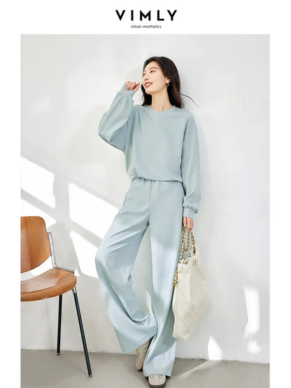 VIMLY Simple Knit Sweatshirts Pants Sets Women Casual Knitwear Jumper Tops Elastic Waist Wide Leg Pants Office Lady Pants Suit