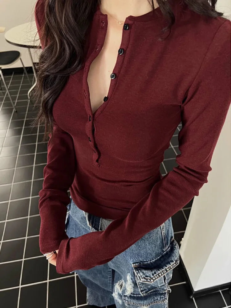Buttons Women's Long Sleeve T-shirt Sexy Coquette Clothes Autumn Winter Top Female Red Kpop Harajuku Fashion Japanese Vintage
