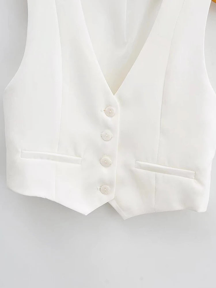 Front Buttons Cropped Waistcoat Vintage V Neck Sleeveless Female Outerwear Chic Tops