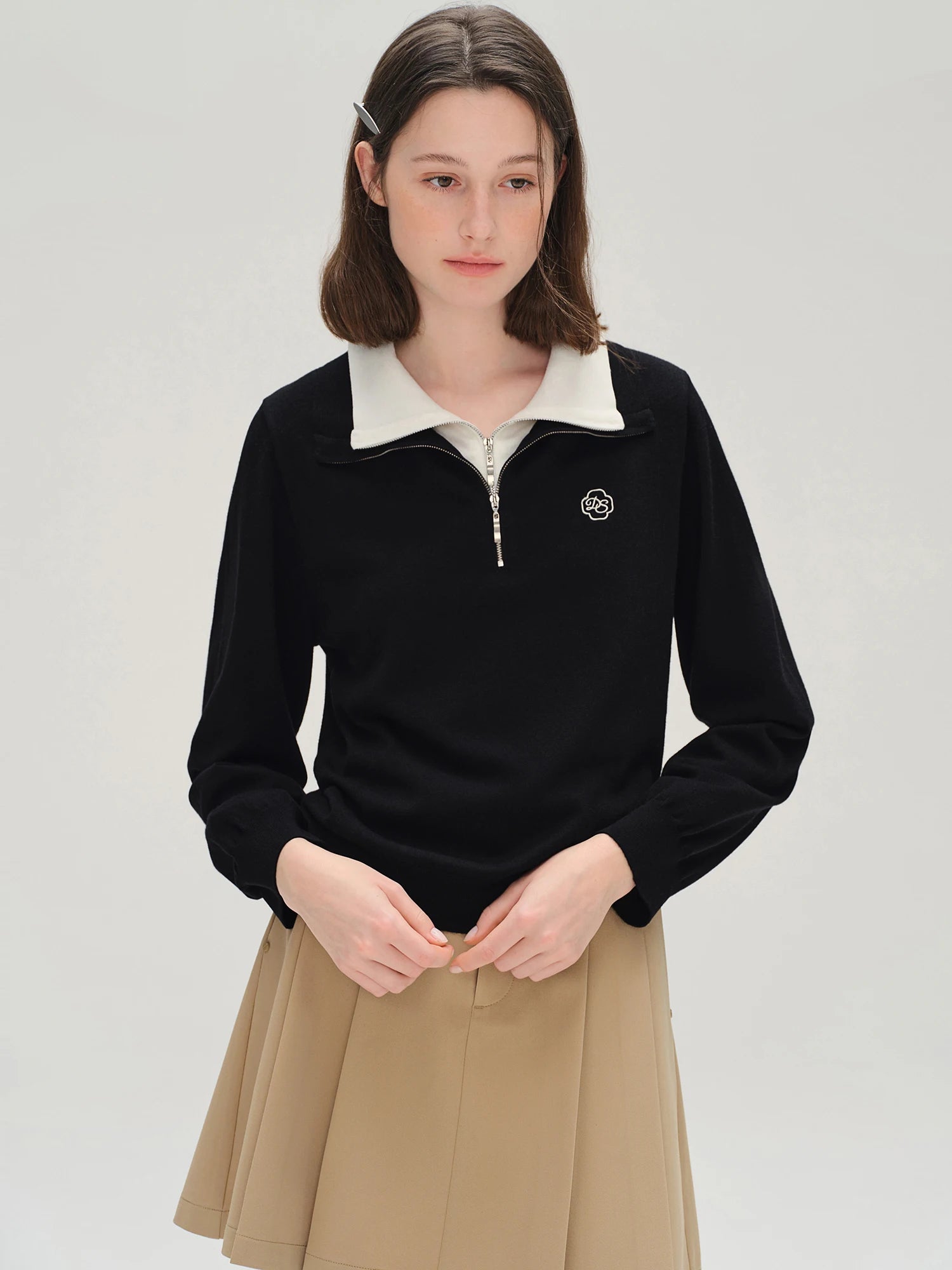 Plus Size [Half Sugar American Style] Women's Fake Two-Piece Color Clash Turned-Up Collar Knit Autumn 2025 Casual Top
