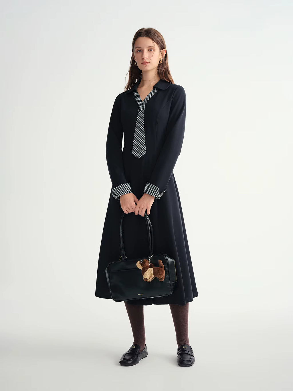 2025 Fall Winter Women's Plaid Tie-Neck Dress with Asymmetric Panel Design, Vintage Grid Pattern Collarless Shift