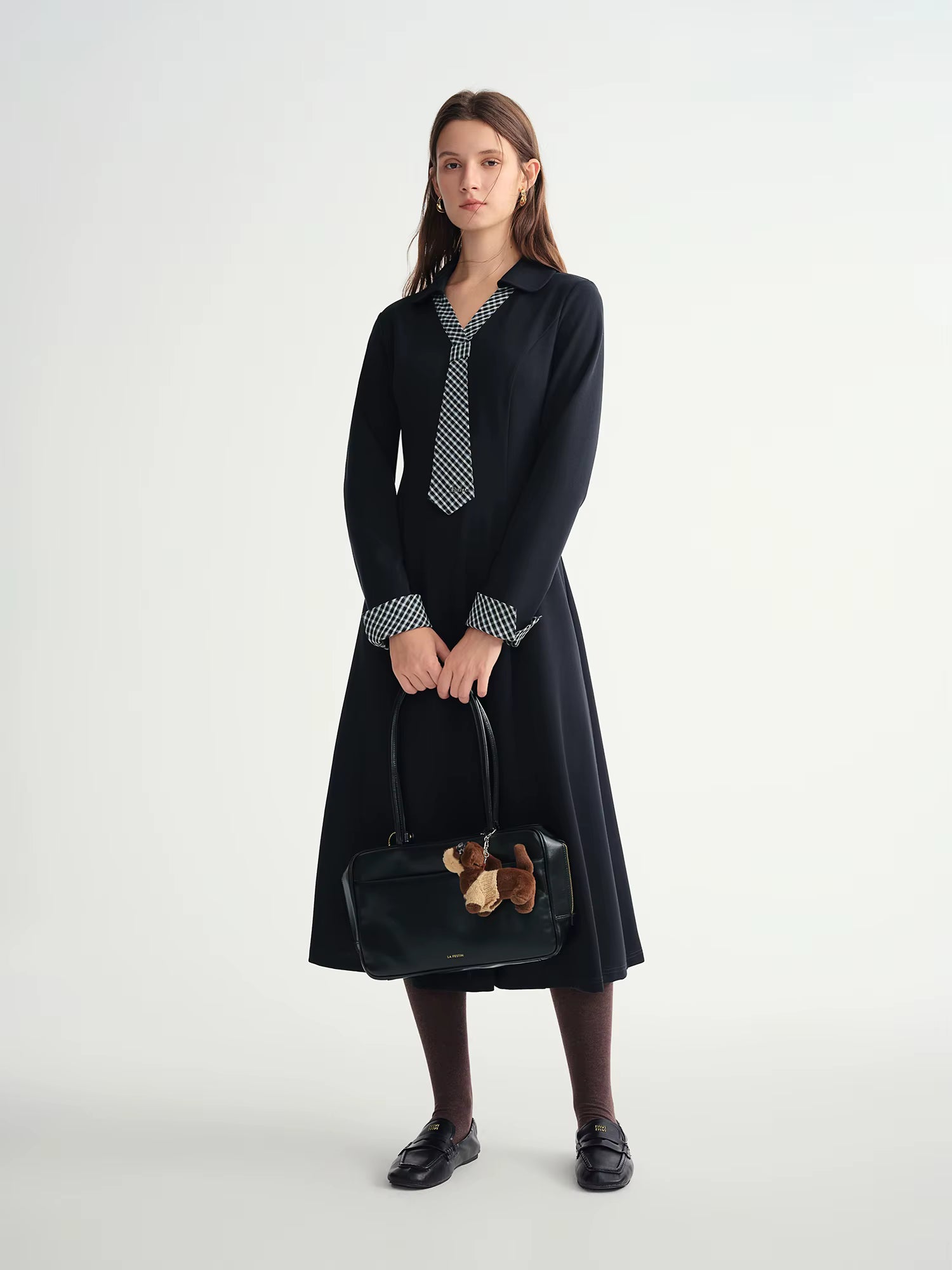 2025 Fall Winter Women's Plaid Tie-Neck Dress with Asymmetric Panel Design, Vintage Grid Pattern Collarless Shift