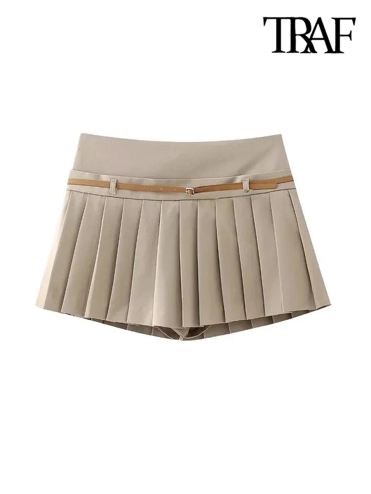 TRAF-Pleated Shorts Skirts for Women With Belt, Side Zipper, Mid Waist, Female Skort, Chic Fashion