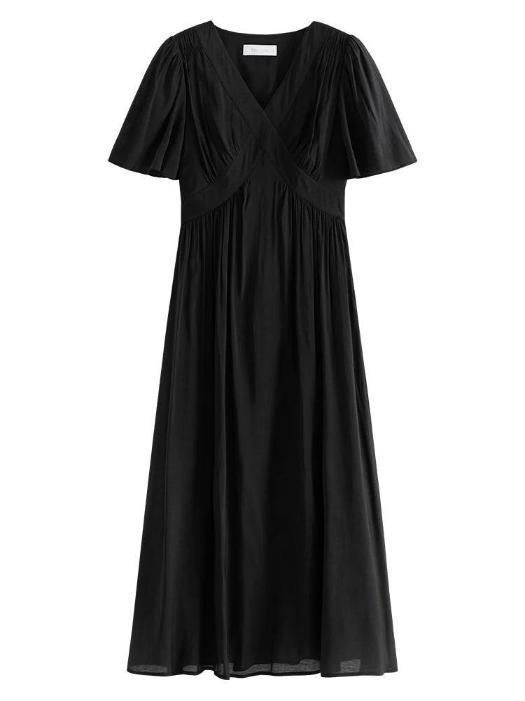 FSLE Women Flying Sleeve Temperament Long X-LINE Dress French V-neck Black Dress Office Lady Solid Dress