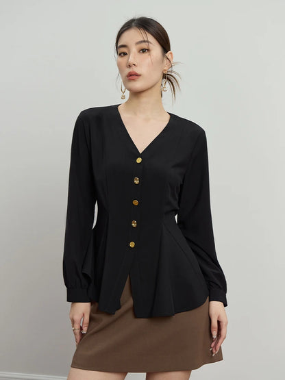 DUSHU V-Neck Women Single Breasted Long Sleeve Black Shirt Commuter Tie-Waist Slim White Autumn Blouses Office Lady Tops