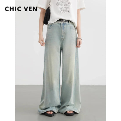 CHIC VEN Women Jeans Blue Loose Casual New High Waisted Straight Wide Leg Trousers Female Long Denim Pants Summer 2024