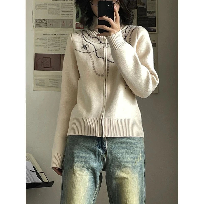 Deeptown Y2k Vintage Zip Up Women Knit Cardigan Harajuku Graphic Turtleneck Sweater Slim Korean Fashion Autumn Grunge Streetwear