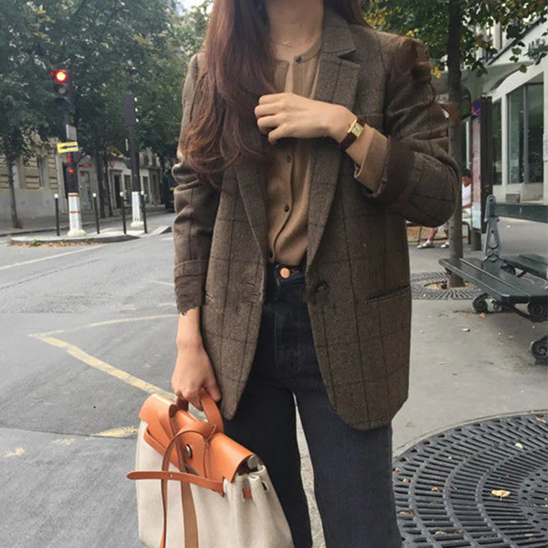 Spring Autumn Summer Plaid Blazer Women Jacket New Korean Style Slim Long Sleeve Casual Fashion Business Suit Coats Woman