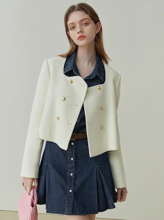 FSLE French Short Fragrance Coat Irregular Neck Double Breasted Coat 2023 Spring New Commuter Temperament Women Jackets Blazer