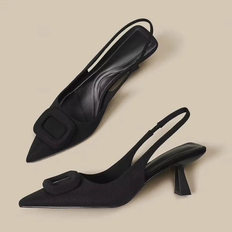 Brand Woman Slingback Shoes Fashion 2024 Spring New Ladies High Heels Elegant Med Heel Pointed Toe Slip on Sandal Mules Q44