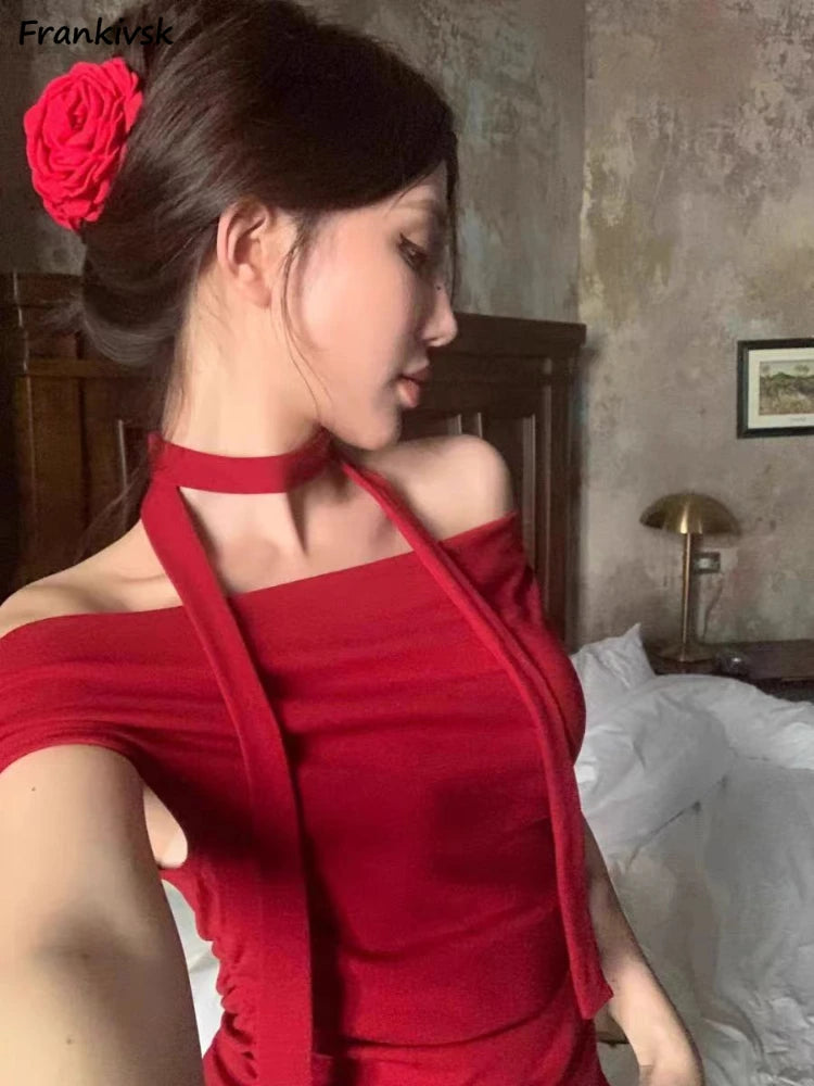 T-shirts for Women Red Eye-catching Slash Neck Sexy Summer Slim Fashion Highstreet All-match Underwear Aesthetic Simple American