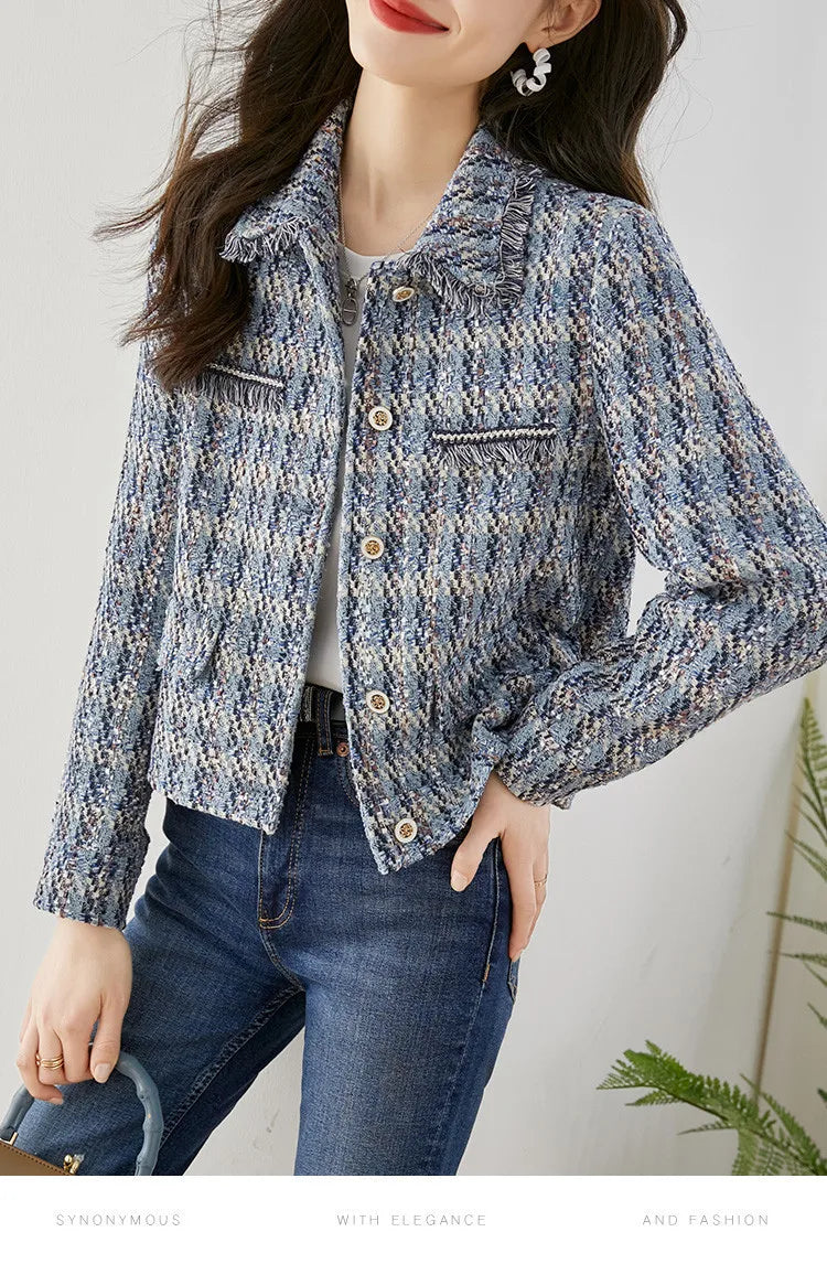 Autumn Winter Fragrant Style Turn Neck Straight Tube Tweed Short Coat Women's Long Sleeve Jackets